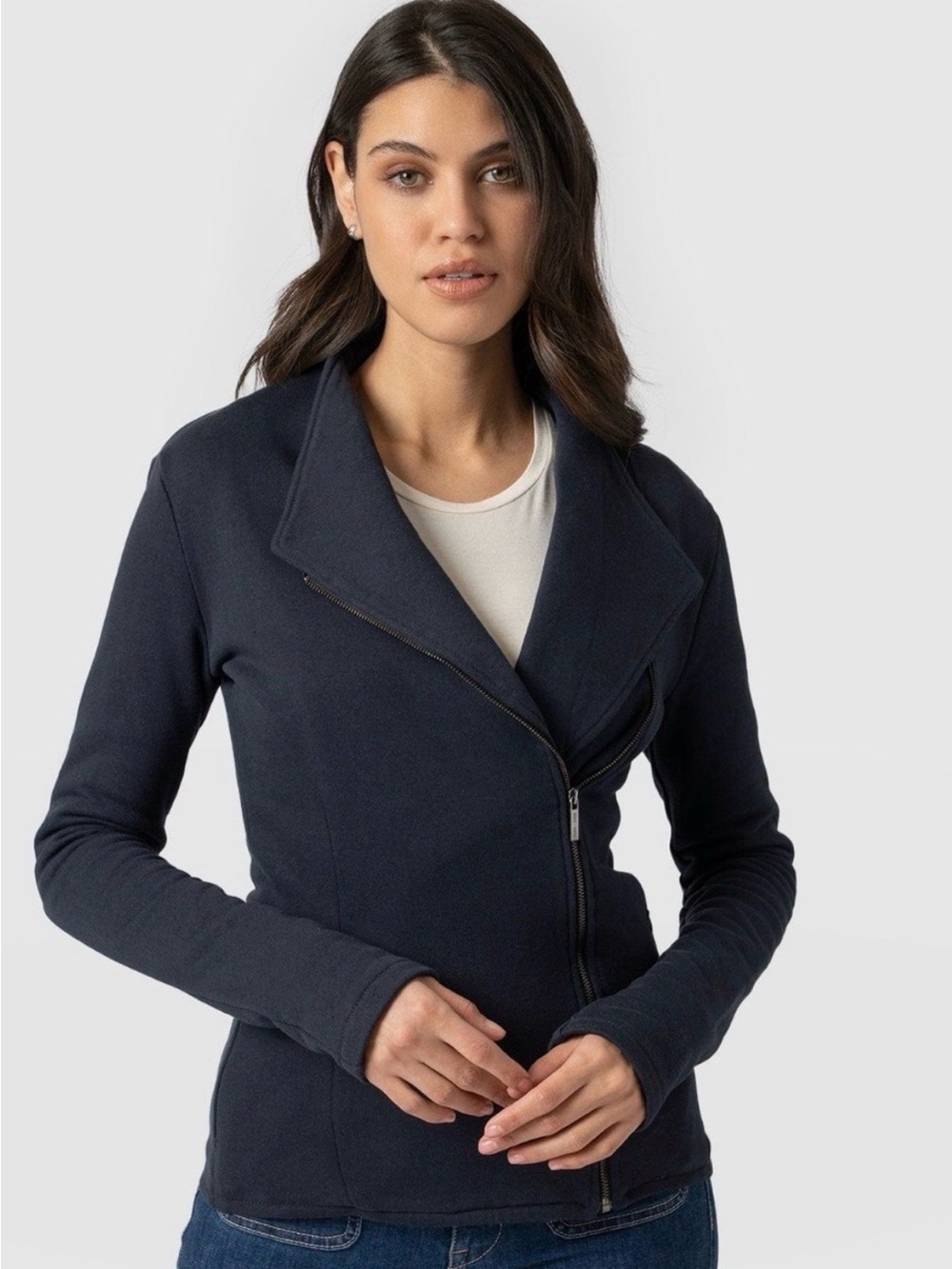 Saint + Sofia Cotton Biker Jacket, navy, size medium